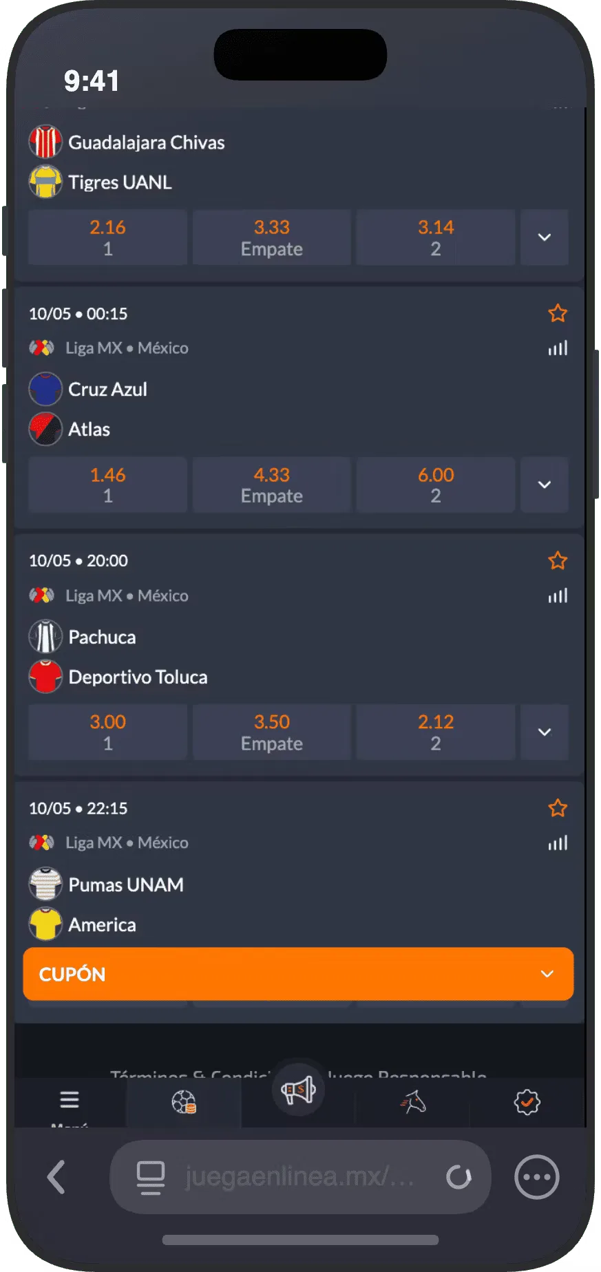 Calendario de partidos de Liga MX con cuotas 1x2 por encuentro